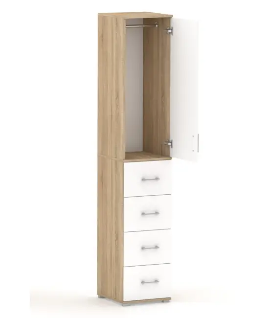 Szafa na ubrania z drążkiem Pola 215 - 4 szuflady 40-50 cm Dąb Sonoma z białymi drzwiami